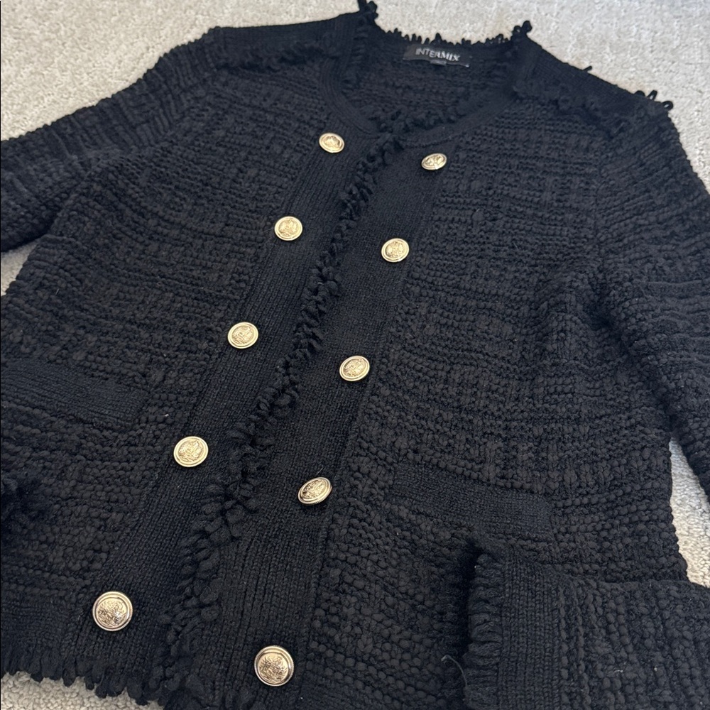 Intermix Lila silk blend Cropped Jacket Sweater Blazer Black Tweed Gold Buttons - Picture 3 of 8